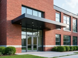 Flat metal canopy awning over entrance of modern brick commercial building