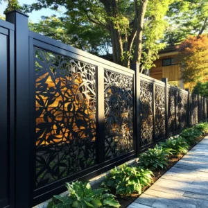 Botanical cutout fencing blends privacy and artistry in lush garden environments