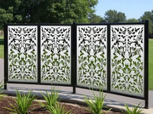 Botanical cutout screens offer privacy and artistry in garden and park settings