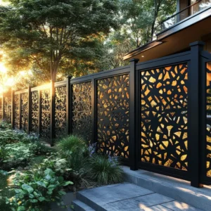 Decorative leaf-cut metal fencing adds privacy and artistic flair to modern outdoor spaces