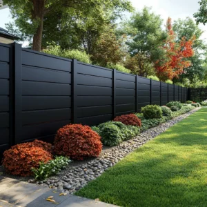 Matte black fencing defines garden boundaries with bold contrast and seasonal color