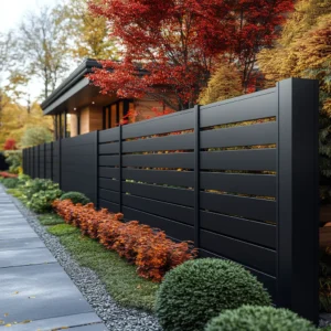 Matte black slat fencing complements seasonal gardens with sleek contrast