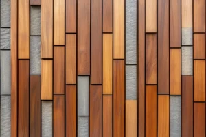 Mixed wood and stone wall panel adds texture and warmth to architectural surfaces