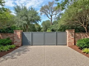 Solid gray privacy gate pairs with brick pillars for timeless entryway design