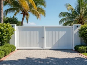 Clean-lined vertical slat gate adds privacy and elegance to residential property entrances