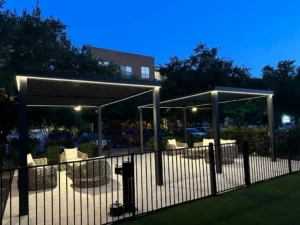 LED-lit cabanas create a warm and inviting atmosphere for evening outdoor gatherings