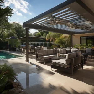 Louvered pergola balances light and shade for luxurious poolside comfort and entertaining