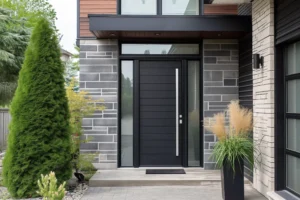 Flat metal awning above modern residential front door with mixed brickwork