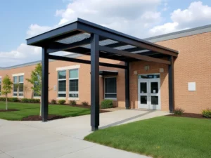 Black metal canopy over double glass doors at brick school building entrance