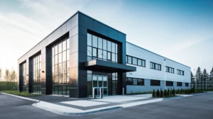 Black and white commercial building with flat overhang canopy above glass doors