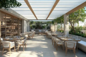 Pergola-style slatted awning over outdoor restaurant dining area