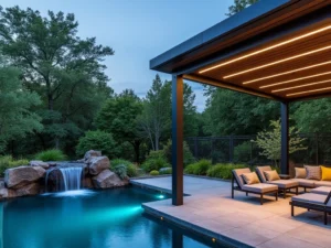 Sleek patio canopy with integrated lighting over cushioned seating beside pool and waterfall feature