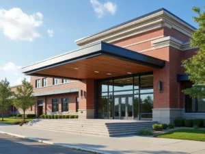 Large overhang canopy with recessed lighting above glass doors at school building