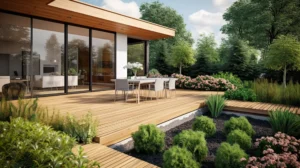 Flat roof canopy with recessed lighting over wooden deck and dining furniture