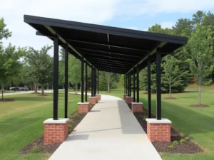 Slanted black metal roof canopy supported by posts with brick bases along walkway