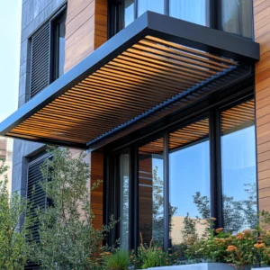 Horizontal louvered metal sunshade awning above modern building windows