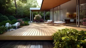 Wood slat sunshade awning over modern residential patio with garden landscaping