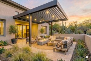Slatted Cantilever structure providing lighting and setting for outdoor lounging.