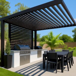 Slatted cantilever structure providing shade for outdoor dining. 