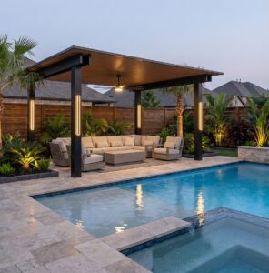 Pergola adding style and functionality to backyard. 
