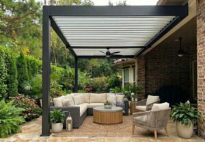 Attached pergola extending walkout patio.